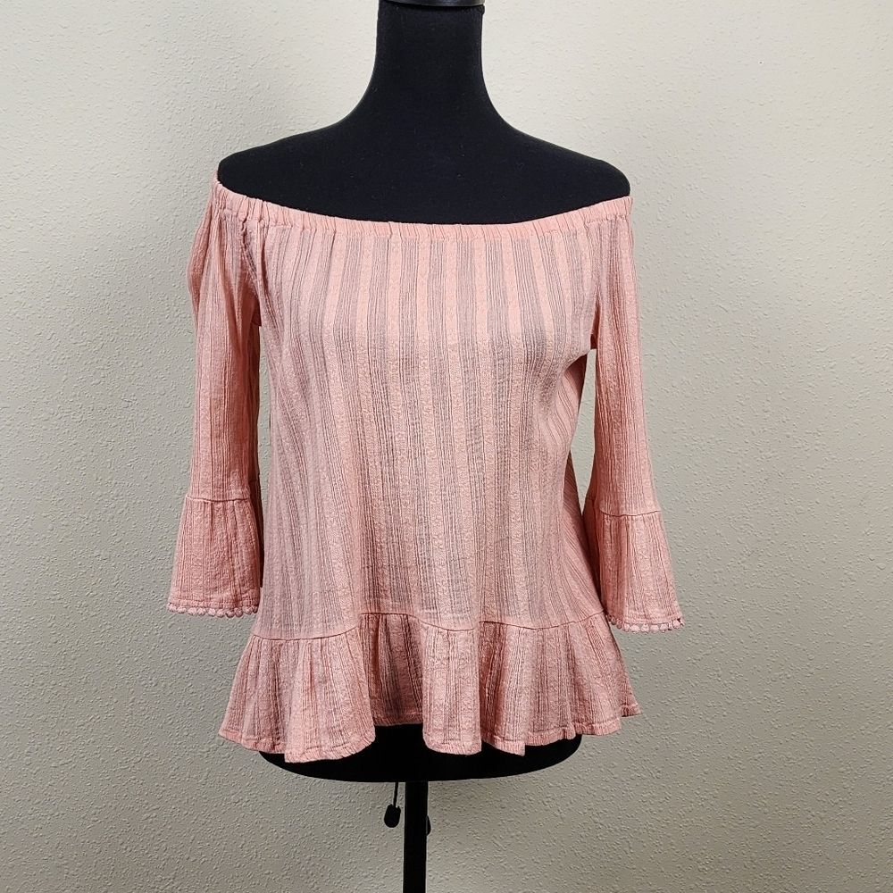 Jolt Off The Shoulder 3/4 Sleeves With Pom Pom Trim Light Pink Top Size Medium